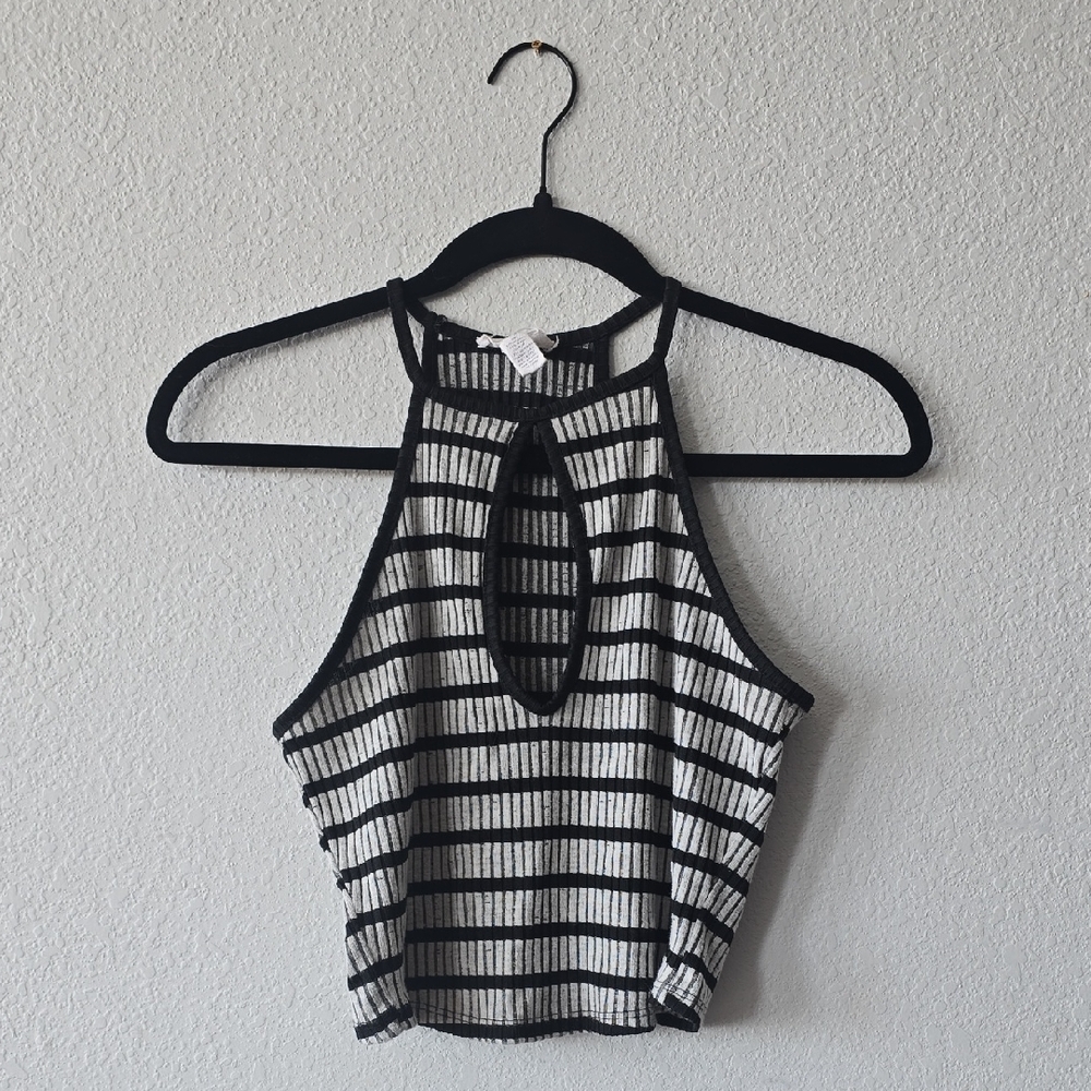Full Tilt Black and White Striped Keyhole Crop Top